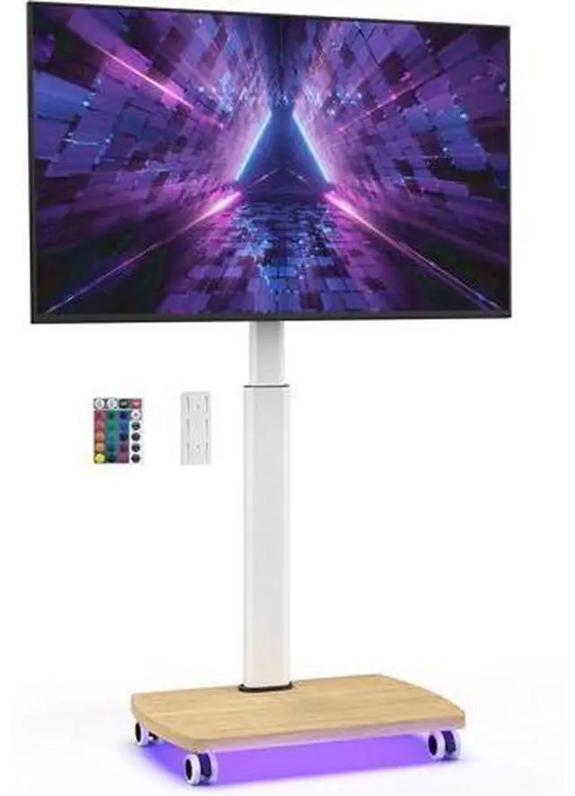 Main image of Rolling TV Stand with LED Lights for 43-75 Inch TV, 8-Height Adjustable Mobile TV Stand with 12° Tilt, Wooden Base Floor TV Mounts, Max Load 110lbs, VESA 100x100mm to 600x400mm, White