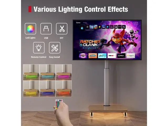 Alt view image 3 of 7 - Rolling TV Stand with LED Lights for 43-75 Inch TV, 8-Height Adjustable Mobile TV Stand with 12° Tilt, Wooden Base Floor TV Mounts, Max Load 110lbs, VESA 100x100mm to 600x400mm, White