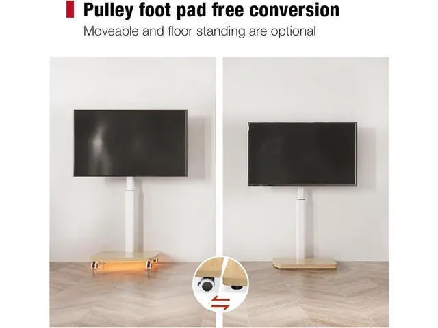 Alt view image 6 of 7 - Rolling TV Stand with LED Lights for 43-75 Inch TV, 8-Height Adjustable Mobile TV Stand with 12° Tilt, Wooden Base Floor TV Mounts, Max Load 110lbs, VESA 100x100mm to 600x400mm, White