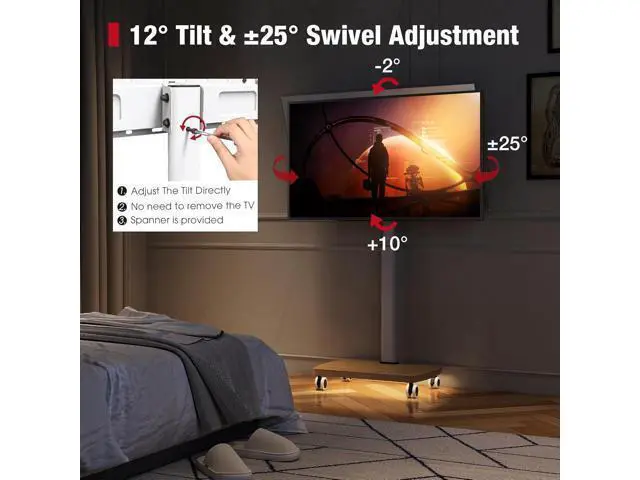 Alt view image 4 of 7 - Rolling TV Stand with LED Lights for 43-75 Inch TV, 8-Height Adjustable Mobile TV Stand with 12° Tilt, Wooden Base Floor TV Mounts, Max Load 110lbs, VESA 100x100mm to 600x400mm, White
