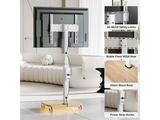Alt view image 5 of 7 - Rolling TV Stand with LED Lights for 43-75 Inch TV, 8-Height Adjustable Mobile TV Stand with 12° Tilt, Wooden Base Floor TV Mounts, Max Load 110lbs, VESA 100x100mm to 600x400mm, White