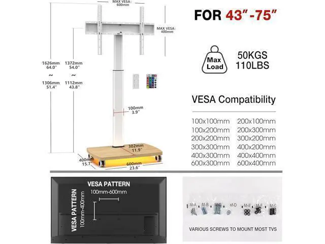 Alt view image 2 of 7 - Rolling TV Stand with LED Lights for 43-75 Inch TV, 8-Height Adjustable Mobile TV Stand with 12° Tilt, Wooden Base Floor TV Mounts, Max Load 110lbs, VESA 100x100mm to 600x400mm, White