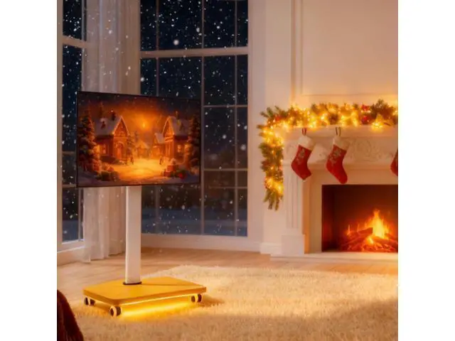 Alt view image 7 of 7 - Rolling TV Stand with LED Lights for 43-75 Inch TV, 8-Height Adjustable Mobile TV Stand with 12° Tilt, Wooden Base Floor TV Mounts, Max Load 110lbs, VESA 100x100mm to 600x400mm, White