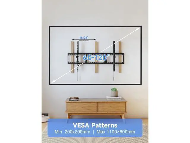 Alt view image 2 of 7 - Suptek Heavy Duty Tilted TV Wall Mount for 60-120" TVs 220Lbs, Fits 3 Studs of 16" and 2 Studs of 18" or 24", VESA 1100x600mm, Low Profile for LED/OLED/LCD, MT11