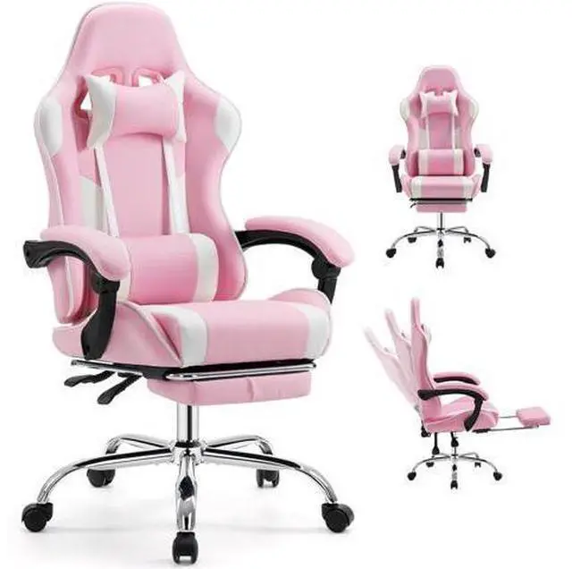 Main image of DUMOS Ergonomic Gaming Office Desk Chair with Footrest and Headrest for Adults, PU Leather Video Computer Chair with Linkage Armrests, Height Adjustable 360° Swivel Recling Chair, White Pink