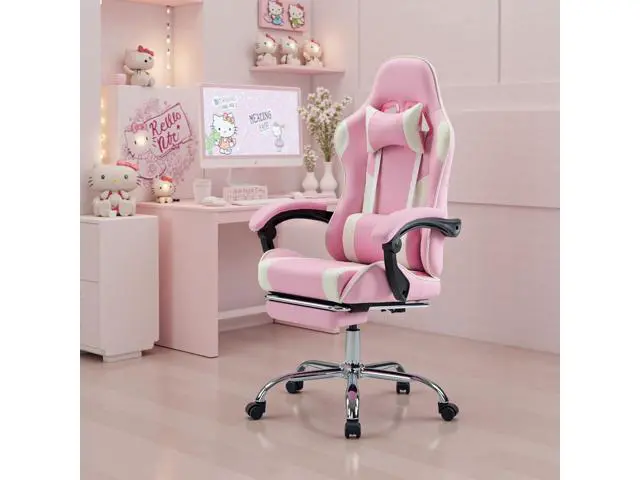 Alt view image 2 of 7 - DUMOS Ergonomic Gaming Office Desk Chair with Footrest and Headrest for Adults, PU Leather Video Computer Chair with Linkage Armrests, Height Adjustable 360° Swivel Recling Chair, White Pink