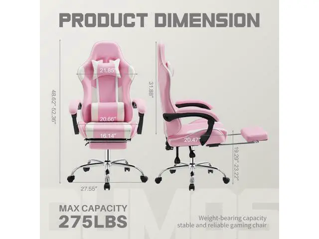 Alt view image 3 of 7 - DUMOS Ergonomic Gaming Office Desk Chair with Footrest and Headrest for Adults, PU Leather Video Computer Chair with Linkage Armrests, Height Adjustable 360° Swivel Recling Chair, White Pink
