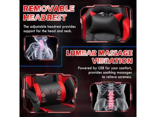 Alt view image 4 of 7 - ECOTOUGE Ergonomic Chair, Ergonomic Computer Ergonomic Chair with Massage Lumbar Support & Rocking High Back, 360° Swivel Video Ergonomic Chair for Gaming or Office, Height Adjustable (Red)
