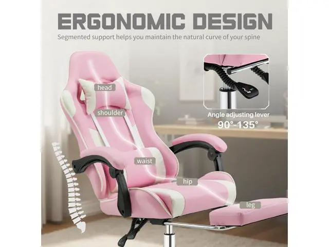 Alt view image 4 of 7 - DUMOS Ergonomic Gaming Office Desk Chair with Footrest and Headrest for Adults, PU Leather Video Computer Chair with Linkage Armrests, Height Adjustable 360° Swivel Recling Chair, White Pink