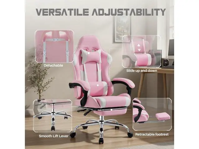 Alt view image 5 of 7 - DUMOS Ergonomic Gaming Office Desk Chair with Footrest and Headrest for Adults, PU Leather Video Computer Chair with Linkage Armrests, Height Adjustable 360° Swivel Recling Chair, White Pink