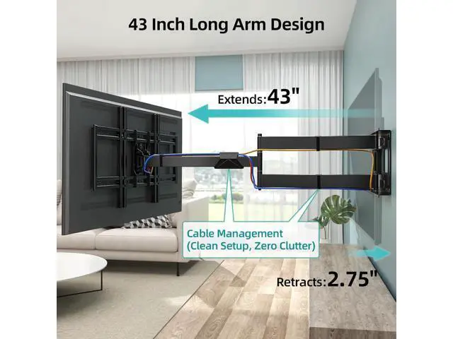 Alt view image 4 of 7 - Long Arm TV Wall Mount for 42-80 inch TVs, Full Motion with 43 inch Extension Articulating Arms, Swivel and Tilt TV Bracket, Holds up to 110 lbs, Max VESA 600x400mm