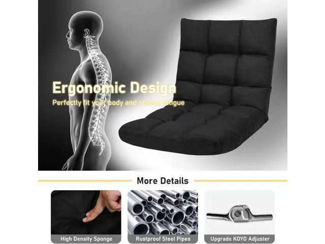 Alt view image 6 of 7 - COSTWAY Floor Chair, Folding Office Chair with Back Support, 14 Adjustable Positions, Alloy Steel Frame, Lazy Sofa Lounge for Playing Reading Meditating Room Recliner for Adults, Kids (Black)