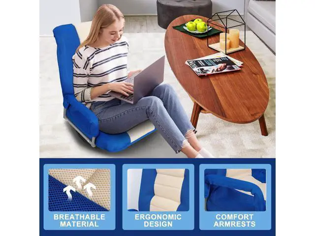 Alt view image 6 of 7 - SUPER DEAL Floor Office Chair with Arms, Floor Lazy Lounger Chair with Adjustable 5 Positions 360 Degree Swivel for Adults Teens Reading, Relaxing, Watching TV, Blue and Beige