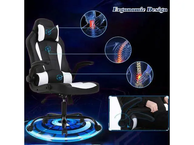 Alt view image 3 of 7 - PC Ergonomic Chair Office Computer Ergonomic Chair PU Leather Adjustable with Flip Up Arms Lumbar Support Headrest E-Sport Racing Desk Swivel Chairs High Back(White)