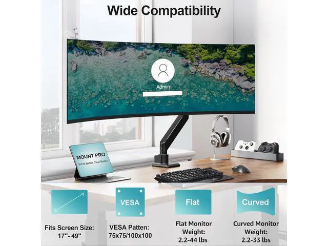 Alt view image 2 of 7 - MOUNT PRO Heavy Duty Monitor Arm for 49 inch Ultrawide Screen up to 44 lbs, Single Desk Computer Mount Curved Monitor Stand for Samsung Odyssey G9, Adjustable Gas Spring VESA Mount 75x75 100x100