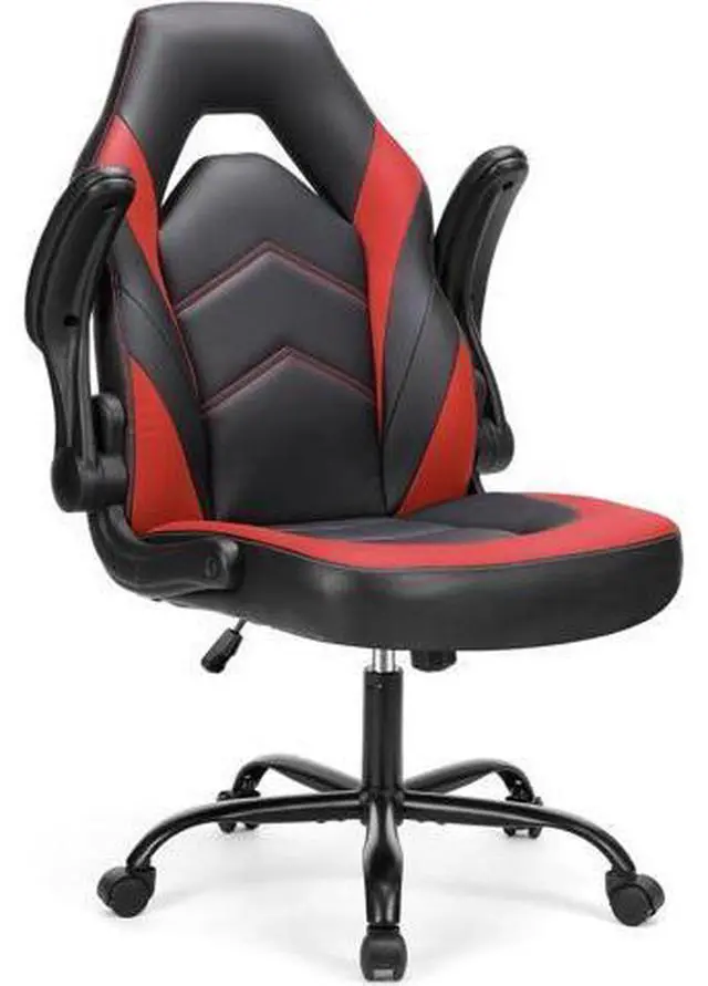 Main image of Sweetcrispy Computer Gaming Desk Chair - Ergonomic Office Executive Adjustable Swivel Task PU Leather Racing Chair with Flip-up Armrest for Adults, Kids, Men, Girls, Gamer, Black Red