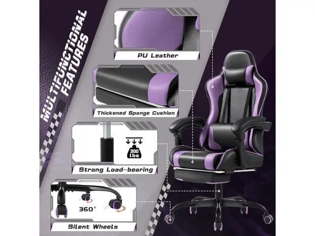 Alt view image 5 of 7 - Shahoo Office Chair with Footrest and Massage Lumbar Support, Computer Chairs, Video Racing Seat Height Adjustable with 360°Swivel and Headrest for Office or Bedroom, Purple