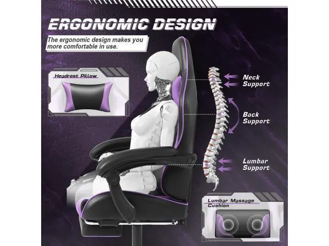 Alt view image 6 of 7 - Shahoo Office Chair with Footrest and Massage Lumbar Support, Computer Chairs, Video Racing Seat Height Adjustable with 360°Swivel and Headrest for Office or Bedroom, Purple