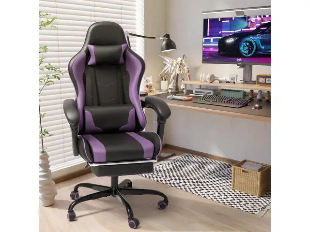 Alt view image 4 of 7 - Shahoo Office Chair with Footrest and Massage Lumbar Support, Computer Chairs, Video Racing Seat Height Adjustable with 360°Swivel and Headrest for Office or Bedroom, Purple