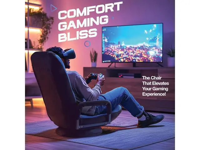 Alt view image 3 of 7 - Swivel Gaming Floor Chair - Enjoy 6 Different Positions, Adjustable Lumbar Support, Removable Polyester Cover & Arm Rests, Folds to Store, Stylish Blue with Black Center Stripe