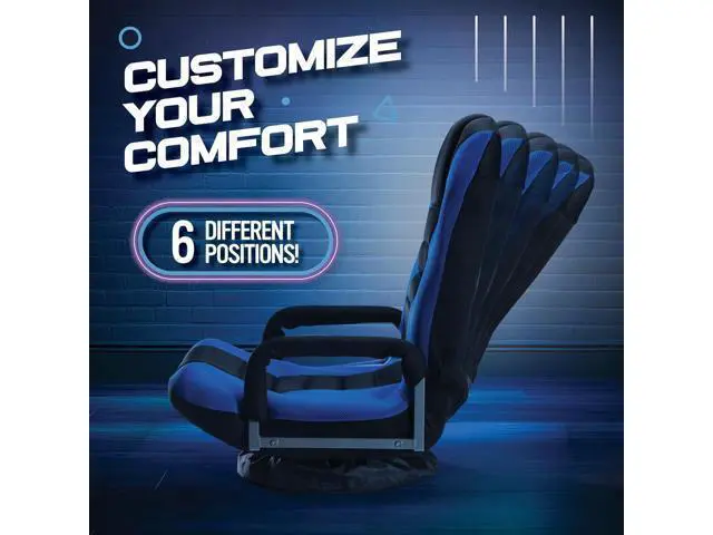 Alt view image 5 of 7 - Swivel Gaming Floor Chair - Enjoy 6 Different Positions, Adjustable Lumbar Support, Removable Polyester Cover & Arm Rests, Folds to Store, Stylish Blue with Black Center Stripe
