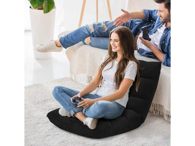 Alt view image 2 of 7 - COSTWAY Adjustable Office Chair, Video Office Chairs with Back Support, Alloy Steel Frame, Soft Coral Fleece, Lazy Sofa Lounge for Reading Living Room Recliner for Adults Kids, Black