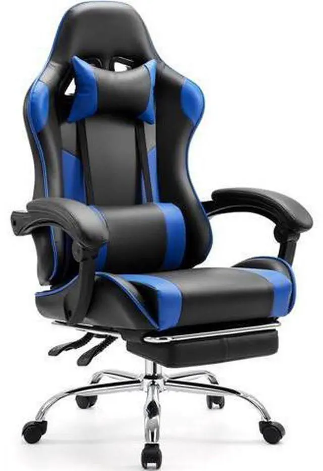 Main image of Sweetcrispy Video Game Desk Chair - Ergonomic Computer with Footrest and Comfy Lumbar Support, PU Leather Recliner with Headrest, Fixed Up Armrest, Height Adjustable with 360° Swivel, for Adults, Blue