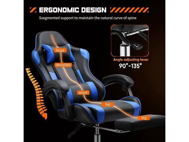 Alt view image 4 of 7 - Sweetcrispy Video Game Desk Chair - Ergonomic Computer with Footrest and Comfy Lumbar Support, PU Leather Recliner with Headrest, Fixed Up Armrest, Height Adjustable with 360° Swivel, for Adults, Blue