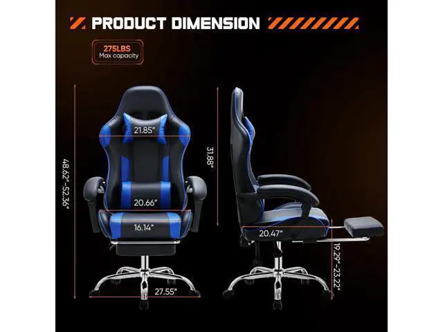 Alt view image 3 of 7 - Sweetcrispy Video Game Desk Chair - Ergonomic Computer with Footrest and Comfy Lumbar Support, PU Leather Recliner with Headrest, Fixed Up Armrest, Height Adjustable with 360° Swivel, for Adults, Blue