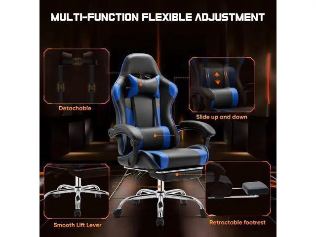 Alt view image 6 of 7 - Sweetcrispy Video Game Desk Chair - Ergonomic Computer with Footrest and Comfy Lumbar Support, PU Leather Recliner with Headrest, Fixed Up Armrest, Height Adjustable with 360° Swivel, for Adults, Blue