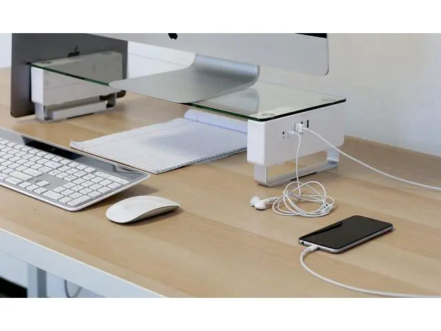 Alt view image 7 of 7 - Mount-It! Glass Monitor Stand with 3 USB Ports | Desktop Riser Fits 24, 27, 30, 32 Inch Screens, 66 Lbs Capacity