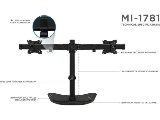 Alt view image 5 of 7 - Mount-It! Free Standing Dual Monitor Stand | Double Monitor Desk Mount | Fits Two x 19 20 21 22 23 24 27 Inch Computer Screens | 2 Heavy Duty Height Adjustable Arms | VESA Compatible 75 100