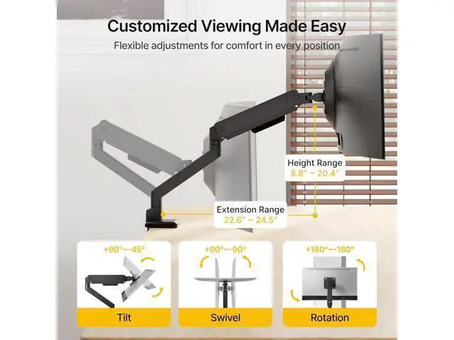 Alt view image 4 of 7 - monTEK Single Monitor Arm with USB for Max 45 Inch Ultrawide Screens Adjustable Monitor Desk Mount Holds 35 Lbs Cable Management with C Clamp/Grommet Desk Mount, VESA 75/100mm, MA1007UCBK