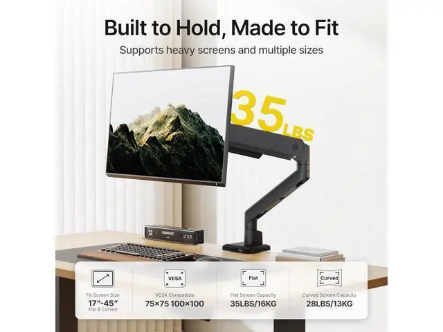 Alt view image 2 of 7 - monTEK Single Monitor Arm with USB for Max 45 Inch Ultrawide Screens Adjustable Monitor Desk Mount Holds 35 Lbs Cable Management with C Clamp/Grommet Desk Mount, VESA 75/100mm, MA1007UCBK