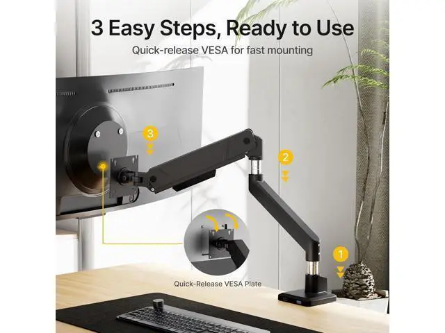 Alt view image 3 of 7 - monTEK Single Monitor Arm with USB for Max 45 Inch Ultrawide Screens Adjustable Monitor Desk Mount Holds 35 Lbs Cable Management with C Clamp/Grommet Desk Mount, VESA 75/100mm, MA1007UCBK