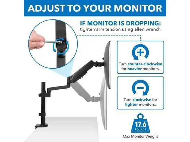 Alt view image 7 of 7 - Mount-It! Single Monitor Arm Desk Mount with Gas Spring, Height Adjustable Monitor Stand for 1332 Inch Screens up to 17.6 lbs, VESA 75x75 & 100x100, Clamp & Grommet