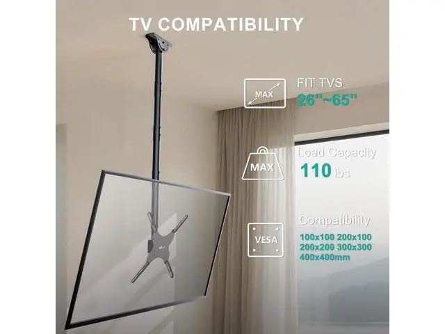 Alt view image 2 of 7 - WALI Long Arm TV Ceiling Mount, Fits Most LED, LCD, OLED and Plasma Flat Screen Display 26 to 65 Inch, up to 110 Lbs, Height Extension up to 58 Inch, Mounting Holes up to 400x400mm (CM2665XL), Black
