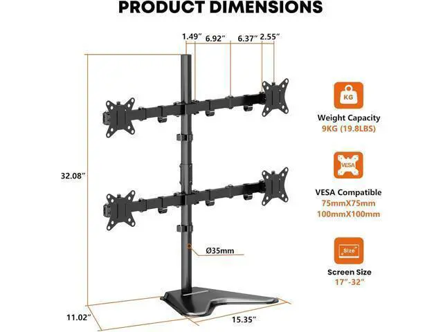 Alt view image 6 of 6 - Quad Monitor Stand, Fully Adjustable Stacked 4 Screen Desk Mount for 17 to 32 Inch Computer Screens,Hold up to 19.8lbs Each,Black