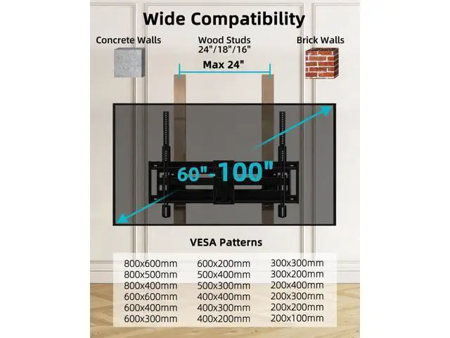 Alt view image 2 of 6 - Full Motion TV Wall Mount for 60-100 Inch TVs, 30.3 Inch Long Arm, VESA 800x600 Compatible, Swivel and Tilt, Fits 16-24 Inch Studs, 165 lbs Heavy-Duty Bracket