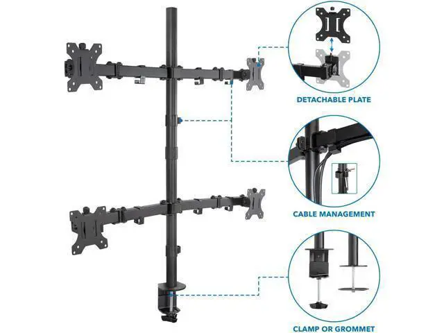 Alt view image 4 of 7 - Mount-It! 4 Monitor Stand for Desk | Quad Monitor Desk Mount with Height Adjustable Pole | Fits Four 1332 Inch Screens, VESA 75x75 & 100x100, Tilt Swivel Rotate, Clamp or Grommet Base