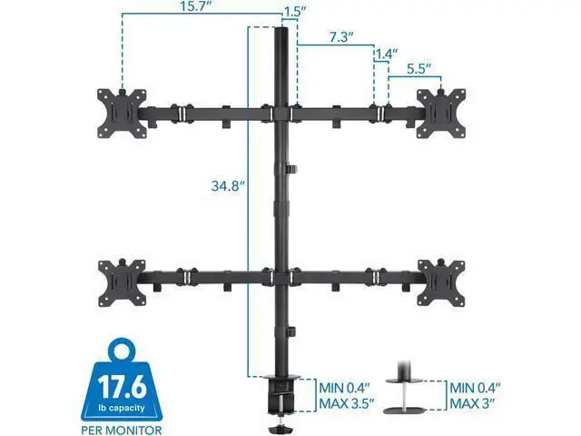 Alt view image 6 of 7 - Mount-It! 4 Monitor Stand for Desk | Quad Monitor Desk Mount with Height Adjustable Pole | Fits Four 1332 Inch Screens, VESA 75x75 & 100x100, Tilt Swivel Rotate, Clamp or Grommet Base