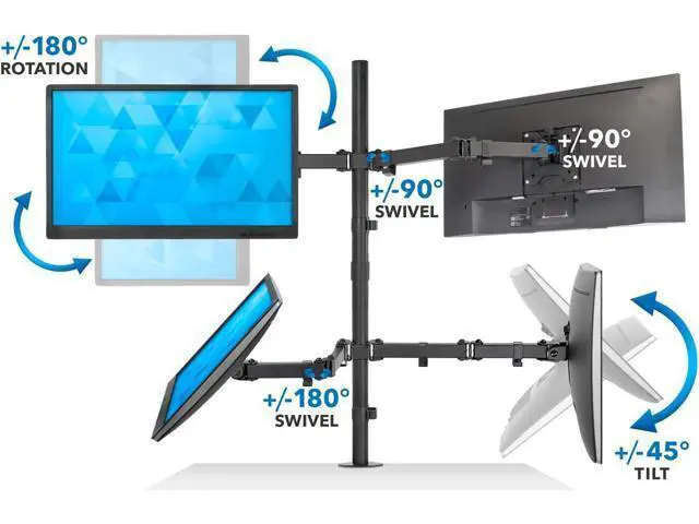 Alt view image 7 of 7 - Mount-It! 4 Monitor Stand for Desk | Quad Monitor Desk Mount with Height Adjustable Pole | Fits Four 1332 Inch Screens, VESA 75x75 & 100x100, Tilt Swivel Rotate, Clamp or Grommet Base