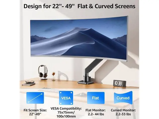Alt view image 2 of 7 - MOUNTUP Heavy Duty Monitor Arm for 49 inches, 44 lbs Curved Screens, Ultrawide Single Monitor Desk Mount, Monitors Stand for Samsung Odyssey G9 and More, VESA Mount with Clamp & Grommet Base