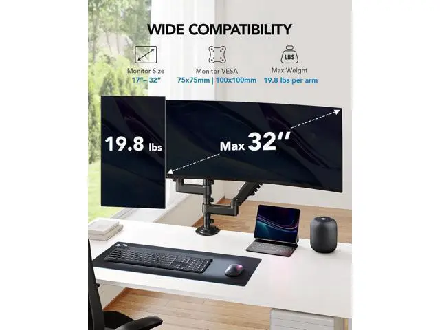 Alt view image 2 of 7 - HUANUO 17-32 Inch Dual Monitor Stand, NITROGLIDE Dual Monitor Mount, Monitor Stand 2 Monitors, Ergonomic Adjustable Tilt/Swivel/Rotate, Weight Max 19.8 lbs, VESA 75/100mm