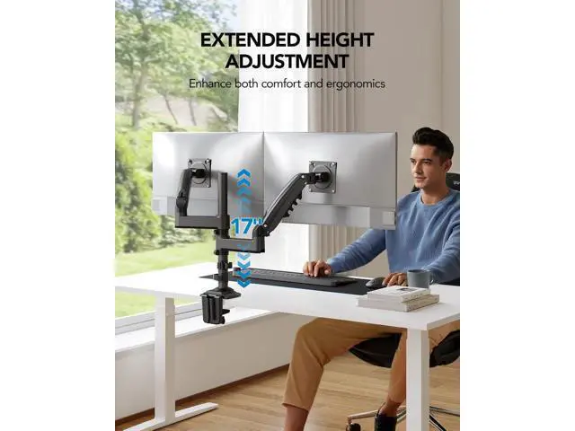 Alt view image 6 of 7 - HUANUO 17-32 Inch Dual Monitor Stand, NITROGLIDE Dual Monitor Mount, Monitor Stand 2 Monitors, Ergonomic Adjustable Tilt/Swivel/Rotate, Weight Max 19.8 lbs, VESA 75/100mm