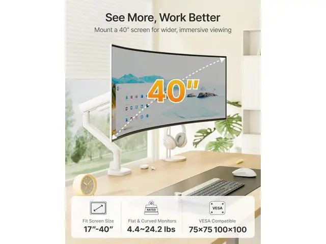 Alt view image 2 of 7 - monTEK Single Monitor Arm, Mechanical Spring Monitor Arm for 17-40" Ultrawide Screens, Adjustable Monitors Desk Mount Holds up to 24.2 lbs with C Clamp/Grommet Desk Mount, VESA 75/100mm, MA1011WH