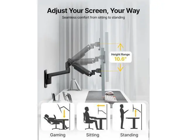 Alt view image 3 of 7 - monTEK Ultra Wide Wall Mount Monitor Arm for 17-49 Inch Screens, Heavy Duty Single Monitor Mount up to 44 lbs, Fully Adjustable Gas Spring Wall Mount, 75x75/100x100 VESA Mount, Black