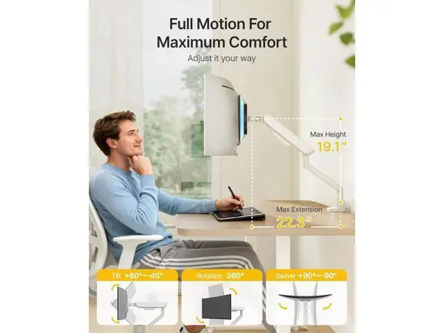 Alt view image 3 of 7 - monTEK Single Monitor Arm, Mechanical Spring Monitor Arm for 17-40" Ultrawide Screens, Adjustable Monitors Desk Mount Holds up to 24.2 lbs with C Clamp/Grommet Desk Mount, VESA 75/100mm, MA1011WH