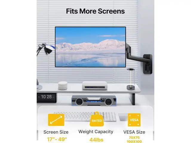 Alt view image 2 of 7 - monTEK Ultra Wide Wall Mount Monitor Arm for 17-49 Inch Screens, Heavy Duty Single Monitor Mount up to 44 lbs, Fully Adjustable Gas Spring Wall Mount, 75x75/100x100 VESA Mount, Black