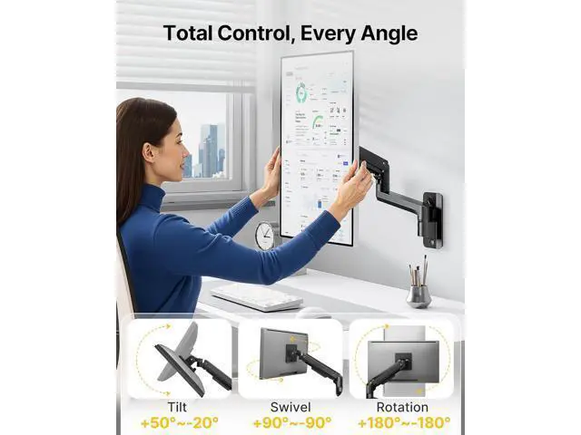 Alt view image 5 of 7 - monTEK Ultra Wide Wall Mount Monitor Arm for 17-49 Inch Screens, Heavy Duty Single Monitor Mount up to 44 lbs, Fully Adjustable Gas Spring Wall Mount, 75x75/100x100 VESA Mount, Black
